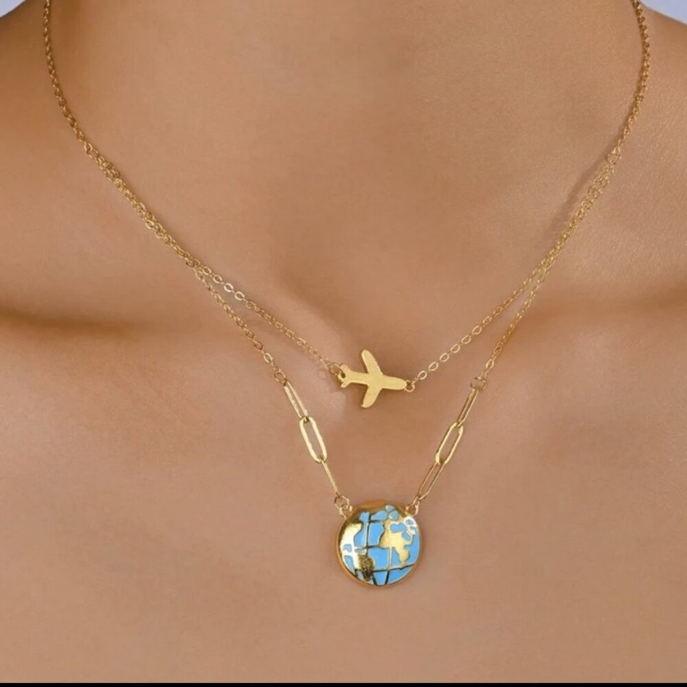 Double layer Stainless Steel Earth and Aircraft Layered Necklaces for women